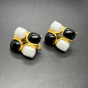 Signed Trifari Black White Cabochon Earrings